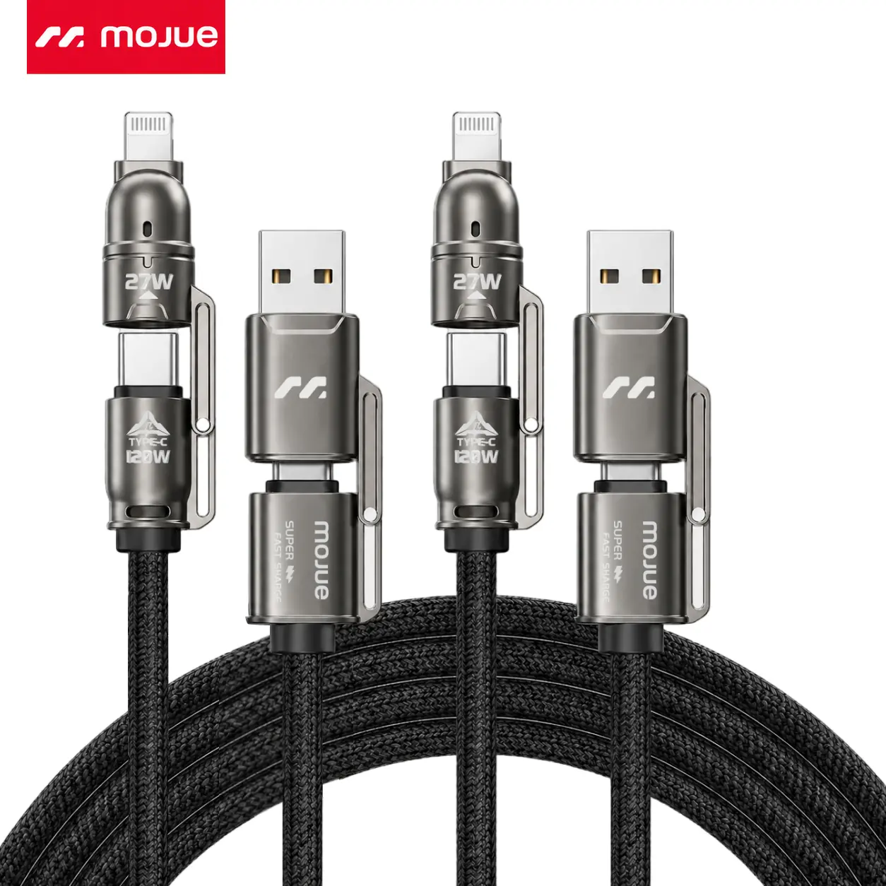 MOJUE 2-PACK Durable 4-in-1 Fast Charging Cable - 5FT 120W Braided Single Cable, USB-A/Type-C to Lightning/Metal Multi-Plug Type Connectors, Gray USB-C Charger Cord, Compatible with iPhone 17-12, iPad, AirPods, Samsung S25