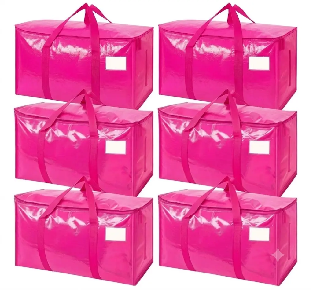 6 Pack Pink Extra Large Moving Storage Bags with Zippers, Reinforced Carry Handles and Label Pockets, Reusable Foldable Packing Totes for Clothes, Bedding, College Dorm, Travel, Closet and Home Organization