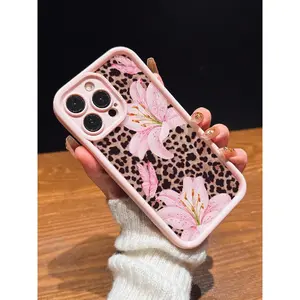 Cute Pink Lily Flower & Leopard Print Anti-Drop Phone Case Compatible With IPhone 11, 12, 13, 14, 15, 16, 13 Pro Max, 16 Plus, XR, 7, 8 Plus, 17 Pro Max, AIR for Samsung S25