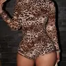 Women's Leopard Print Zipper Hidden Long Sleeve Short Pants Slim Fit Jumpsuit, Sexy High Waist All Seasons Fashion