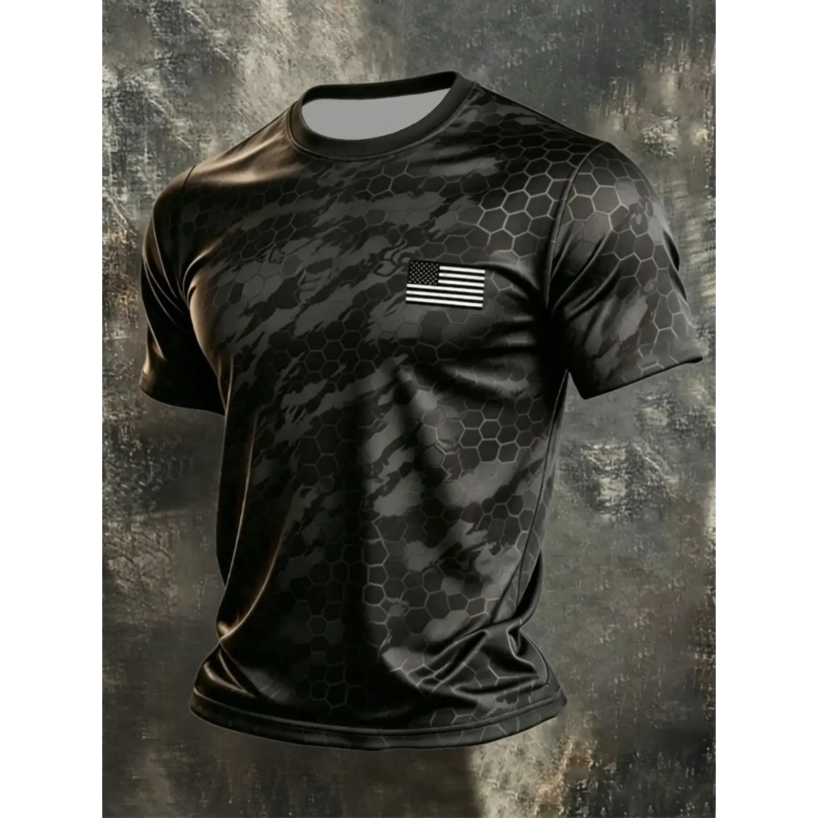 Men's Camouflage Flag Short Sleeve T-Shirt, Honeycomb Print, American Vintage Top, Breathable Quick-Dry Polyester
