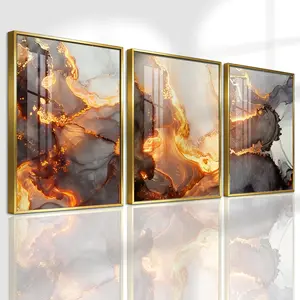 3 Counts Aluminum Alloy Framed Painting, Abstract Golden Lava Flow Pictures, Home Decoration For Living Room, Bedroom, Office, Restaurant, Hallway Wall Decor, Odorless Print Artwork, Luxury Perfect Gift For Friends And Family