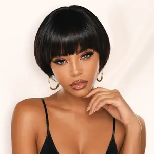 [Summer Must Have] Beluck Pixie Cut Wig Virgin Human Hair Ready To Go Glueless Wig For Black Women Short Bob Wigs With Bangs Natural Black Color  Straight Human Hair Wig For Daily Use