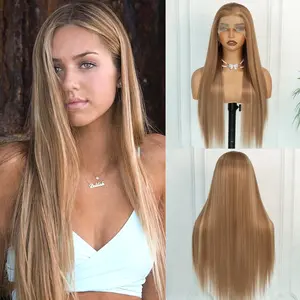 Aodbar hairs 28 Inch Highlight Strawberry Blonde Long Straight Synthetic Lace Frontal Wig 13*4 HD Glueless Wig Pre Plucked Realistic Hairline Free Part Heat Resistant Fiber Hair Wig  for Women
