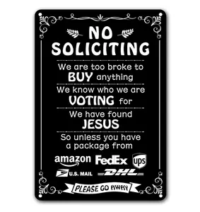Humorous No Soliciting Sign for Front Door - Funny "We're Voting for Jesus" Metal Sign for House - Perfect Decorative Sign to Discourage Unwanted Visitors, 8 x 12 Inch