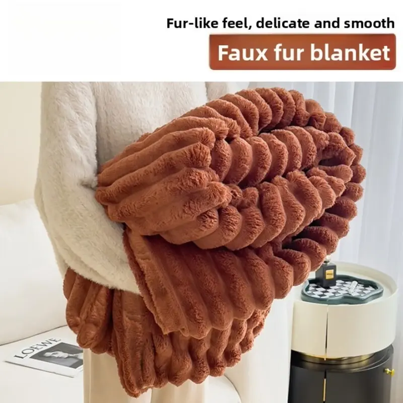Luxury Rabbit Fur Blanket - Flannel Fleece Sherpa Throw for Office Nap, Plush Faux Fur Sofa Couch Bed Cover, Winter Thick & Soft