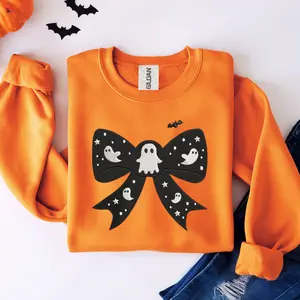 Halloween Bow Ghost Embroidered Sweatshirt or Hoodie – Cute Spooky Season Crewneck with Floating Ghosts, Stars & Bow, Cozy Fall Aesthetic Pullover, Fun Trick or Treat Outfit, Oversized Unisex Embroidered Sweater