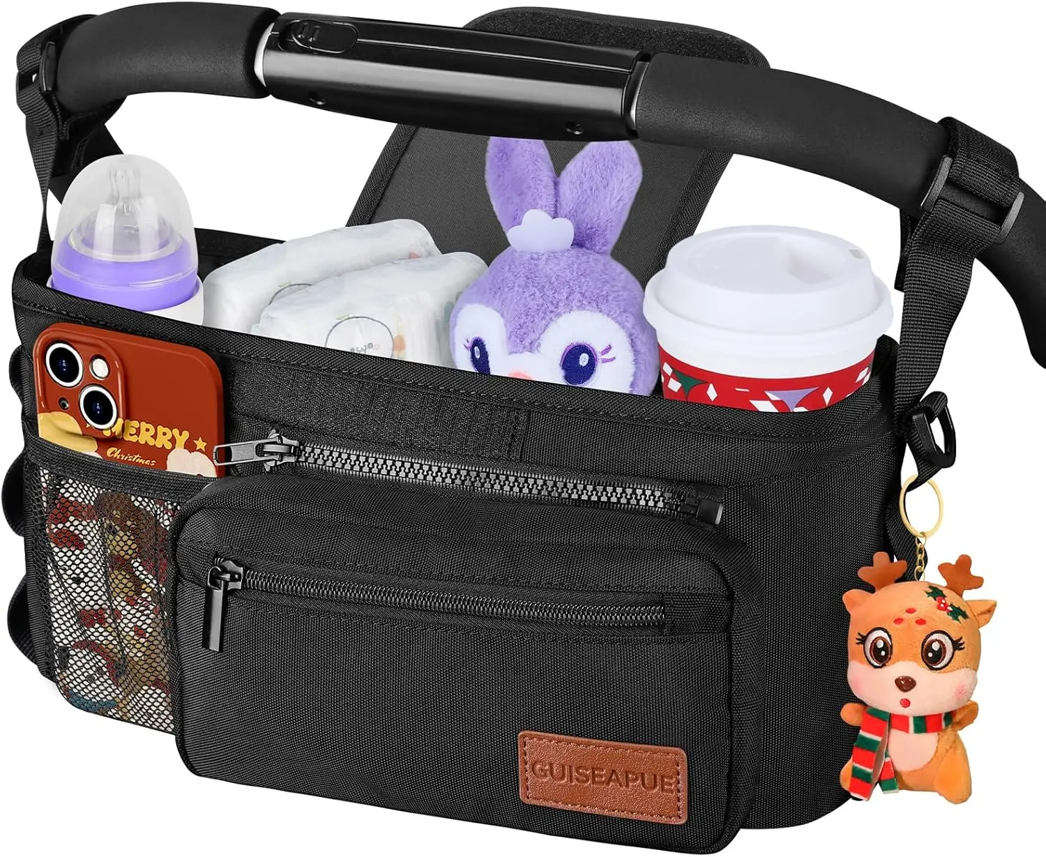 Universal Stroller Organizer with Cup Holder: Baby Essentials, Stroller Caddy Accessories with Detachable Phone Bag, Non-Slip Straps, Fits for Uppababy, Baby Jogger, New Moms Baby Gifts