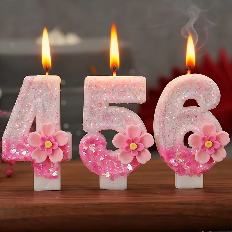 1pcs Shiny pink flower sequin number birthday candles with glittery pink flower decorations, suitable for birthdays, anniversaries, weddings, graduations, and celebrations, as well as Halloween and Christmas party supplies Ornaments Cake Candles
