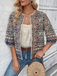 Celderio Women Retro Folk Print Kimono Cardigan Streetwear Lantern Half Sleeve Crew Neck Casual Top