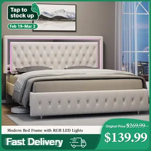 [FebruaryStockUpSale] AMERLIFE Modern Bed Frame with RGB LED Lights, Adjustable Headboard Velvet Button Tufted/Acrylic Mirror Accents/Smart APP&Remote Control/No Box Spring Needed/Furniture Room/Full/Queen Size/Best Gift Ideas/Christmas Gifts