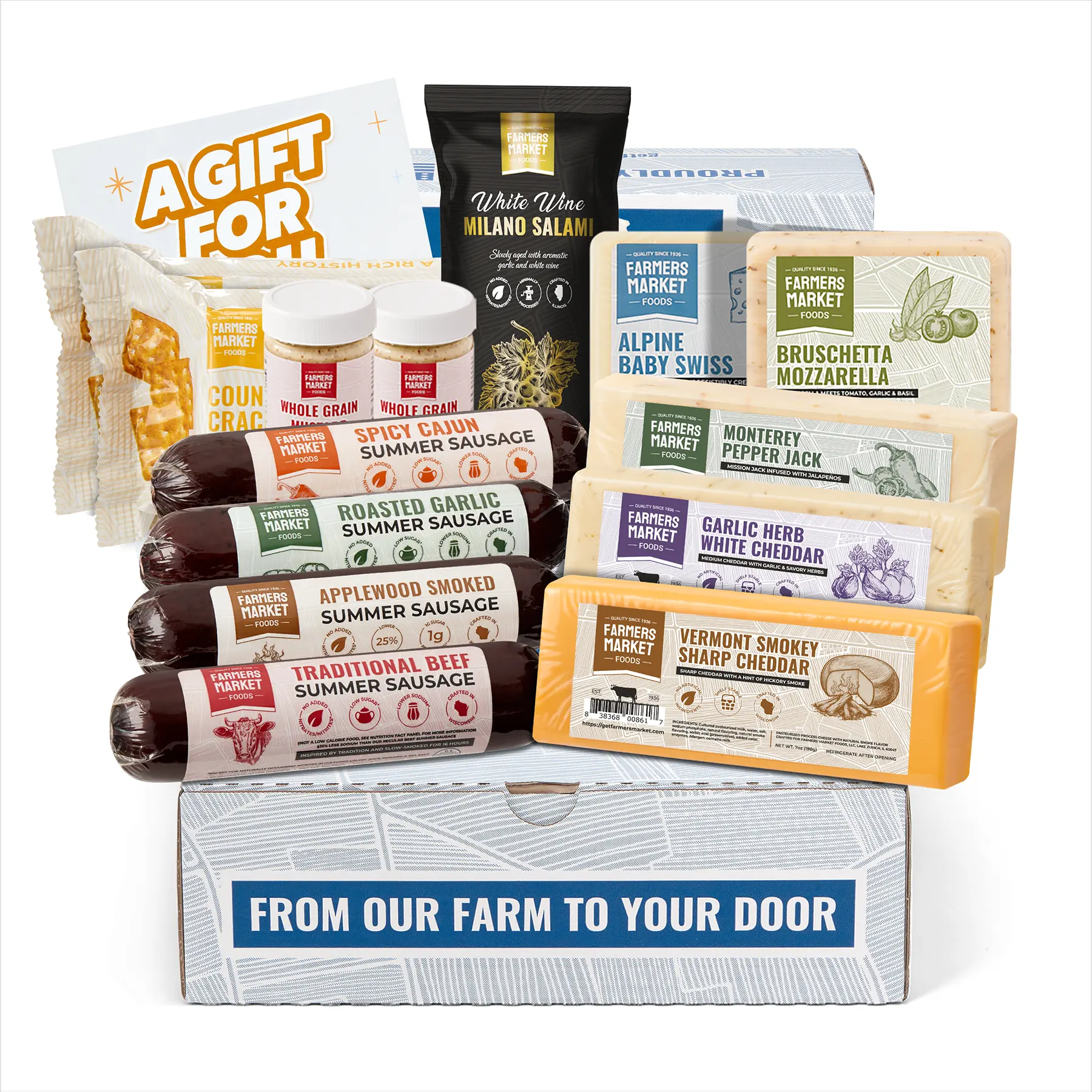 Farmers Market Foods Festive Charcuterie Selection Gift Box Gourmet with Summer Sausage, Wisconsin Cheese, Crackers, Honey and Mustard, Keto Friendly Snack Assortment for Holidays & Father’s Day