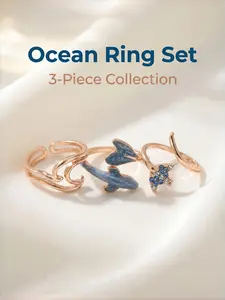 🐬 Ocean Themed Enamel Open Ring Set 3Pcs Sparkly Dolphin Manta Wave Adjustable Rings 💍