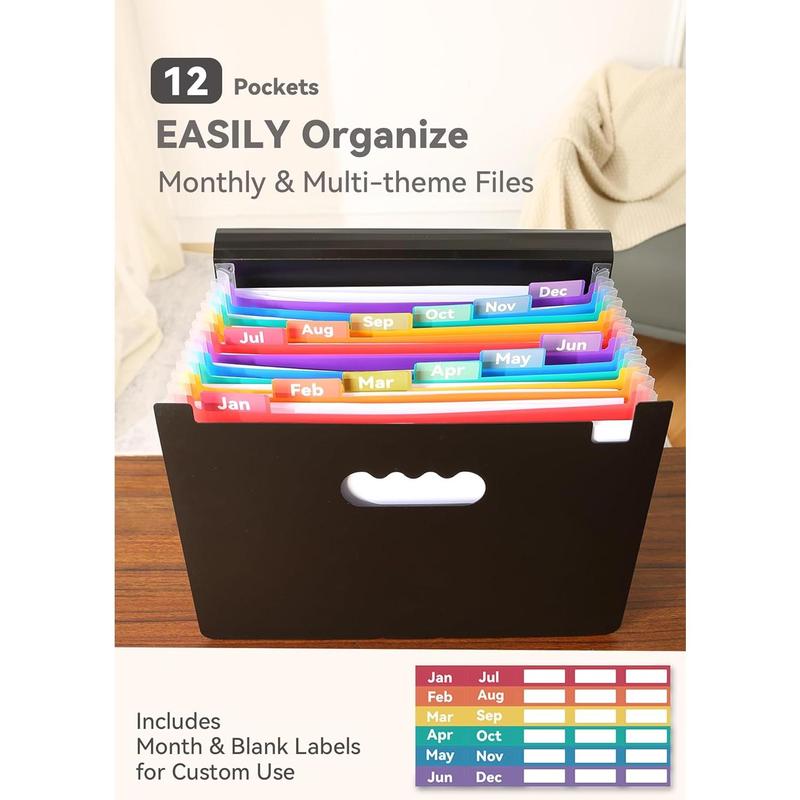 Accordion File Organizer 12 Pockets, Monthly Bill Receipt Tax Organizer, Expanding File Folders with Larger Bright Tabs, Fits Letter/A4 Size  Black