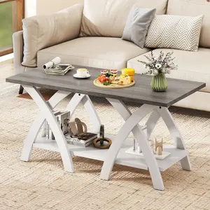 COSTWAY - 40 Inch Farmhouse Wooden Coffee Table with Storage Shelf with X-shaped Legs-Gray