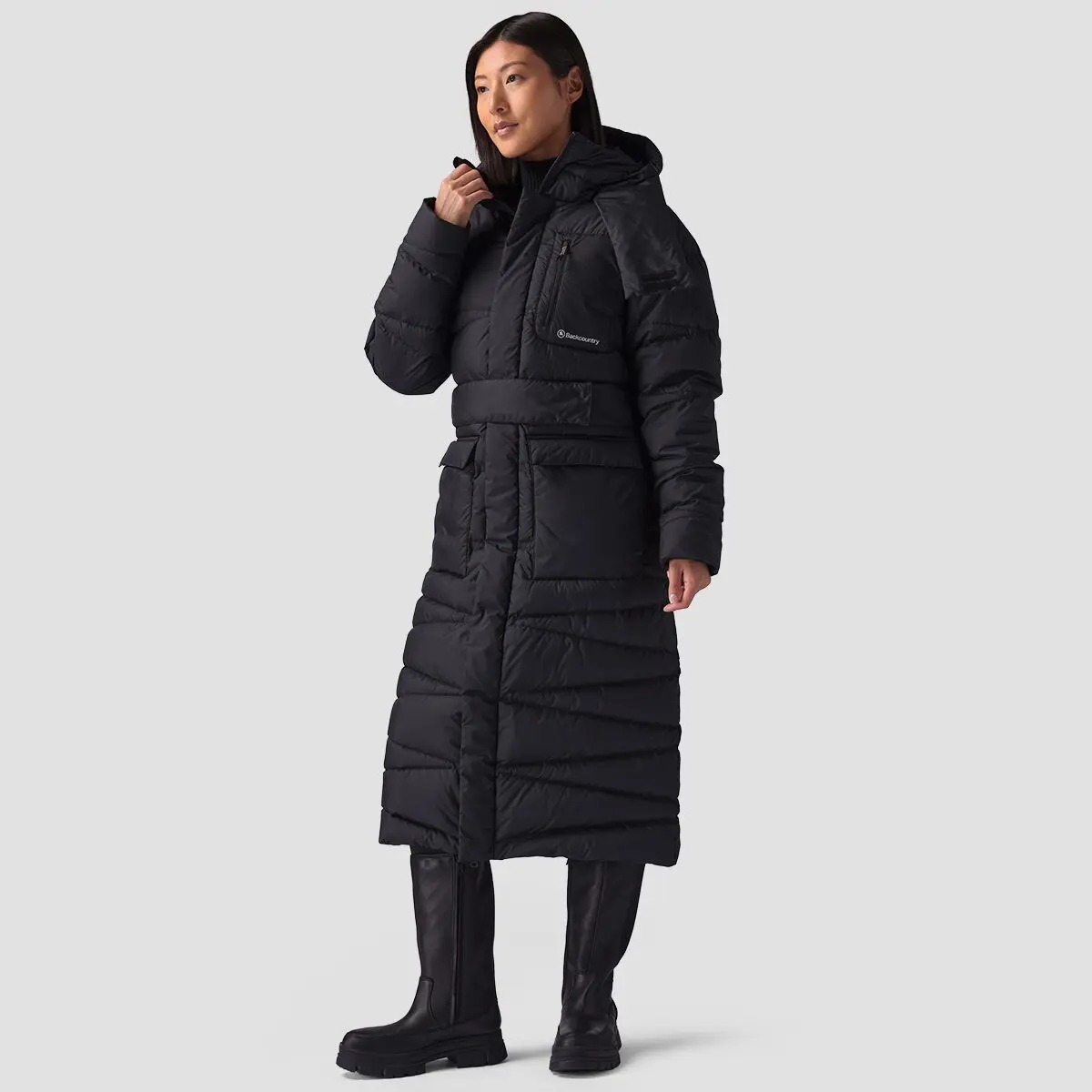 Backcountry Stansbury Women's Belted Long Puffer Down Parka with Recycled Shell, Hood, and Pockets, Belt