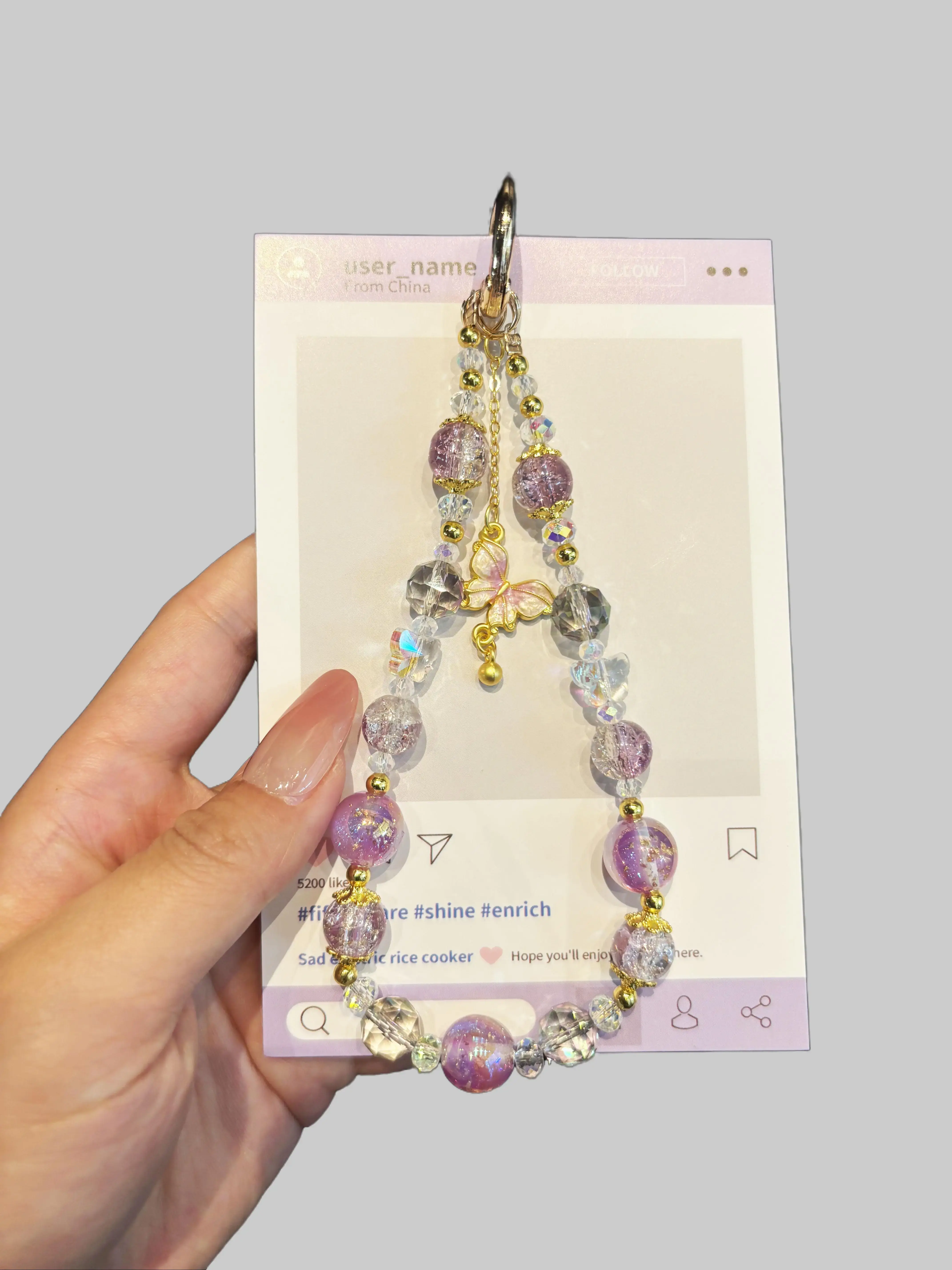 Women's Durable Mobile Phone Charm with Metal Clip - Anti-Theft Beaded Jewelry Lanyard Wrist Strap, 3D Purpleblue & White Butterfly Bow Crystal Smartphone Cellphone Accessory