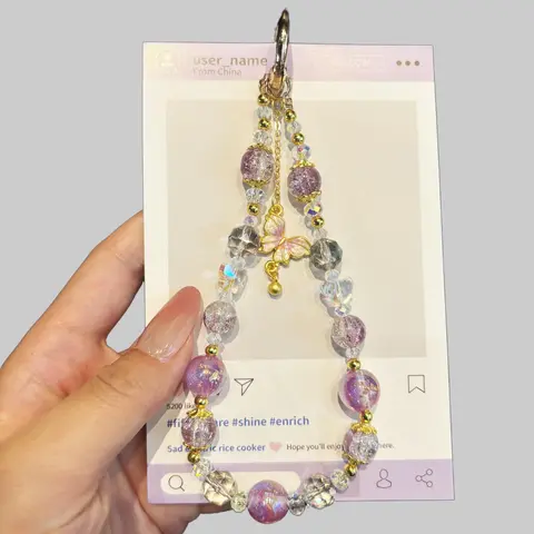 Women's Cute Mobile Cellphone Crystal Butterfly Charm Phone Accessory - Durable Colorful Beaded Chain, Chic Dainty Phone Strap, Stainless Steel Clip, Anti-Theft Plastic Lanyard Wrist Strap, 3D Purple-Blue & White Crystal for Concerts, Daily Commutes