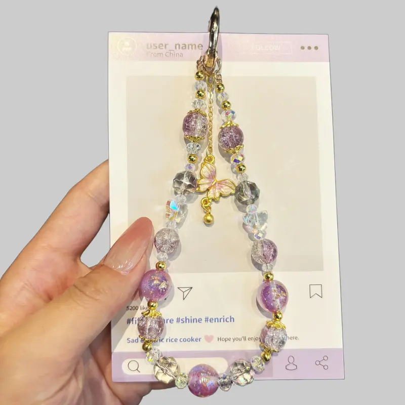 Women's Cute Mobile Cellphone Crystal Butterfly Charm Phone Accessory - Durable Colorful Beaded Chain, Chic Dainty Phone Strap, Stainless Steel Clip, Anti-Theft Plastic Lanyard Wrist Strap, 3D Purple-Blue & White Crystal for Concerts, Daily Commutes