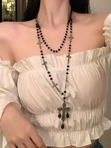 Gothic Punk Style Cross Beaded Long Layered Necklace, Cross Necklaces, Trendy Necklace for Parties and Travel, Retro Chic Jewelry, Gothic Mystery Jewelry