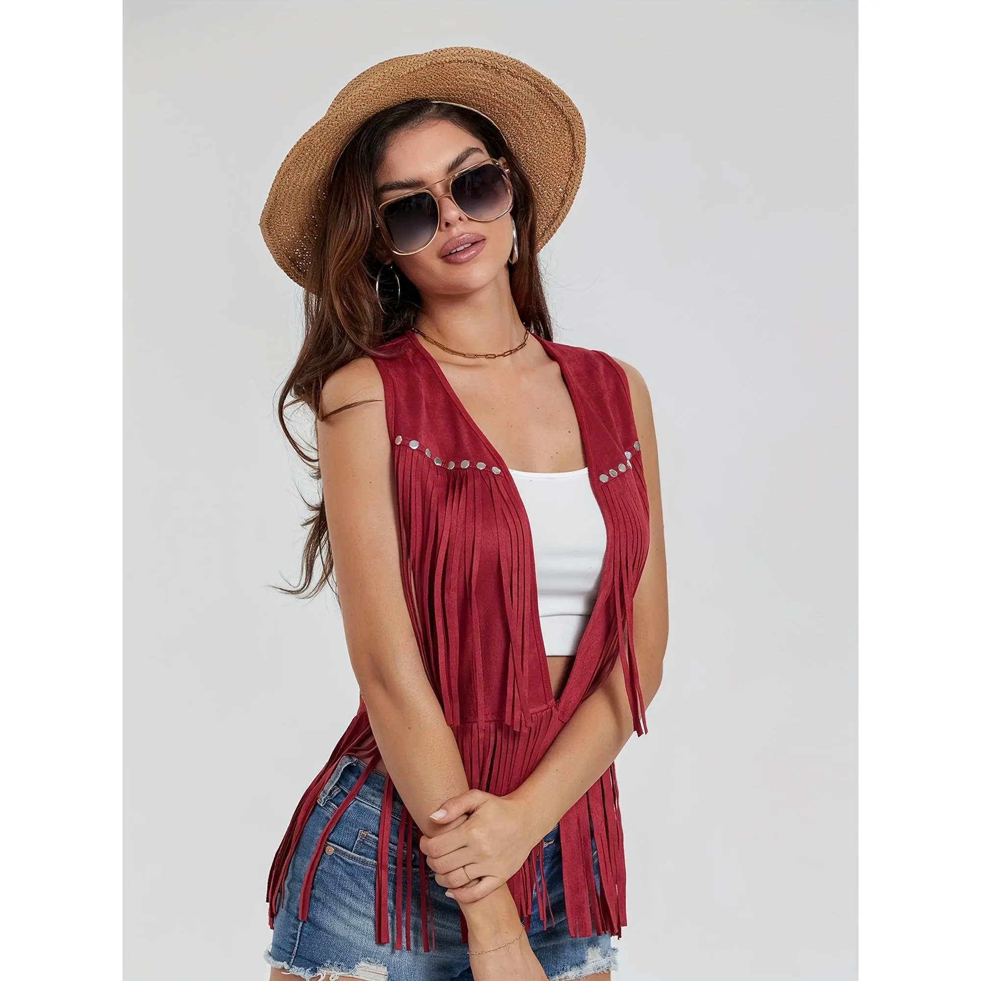 Women Hippie Waistcoat Vest Lightweight Solid Color Open Front Sleeveless Jacket with Tassel for Streetwear Outerwear