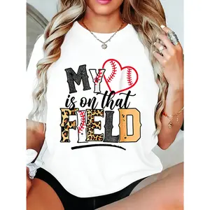 My Heart Is On That Field Mother's Day Baseball Mom Women T-Shirt Women T Shirt, Short Sleeve Round Neck Casual Top For Summer & Spring, Women's Clothing