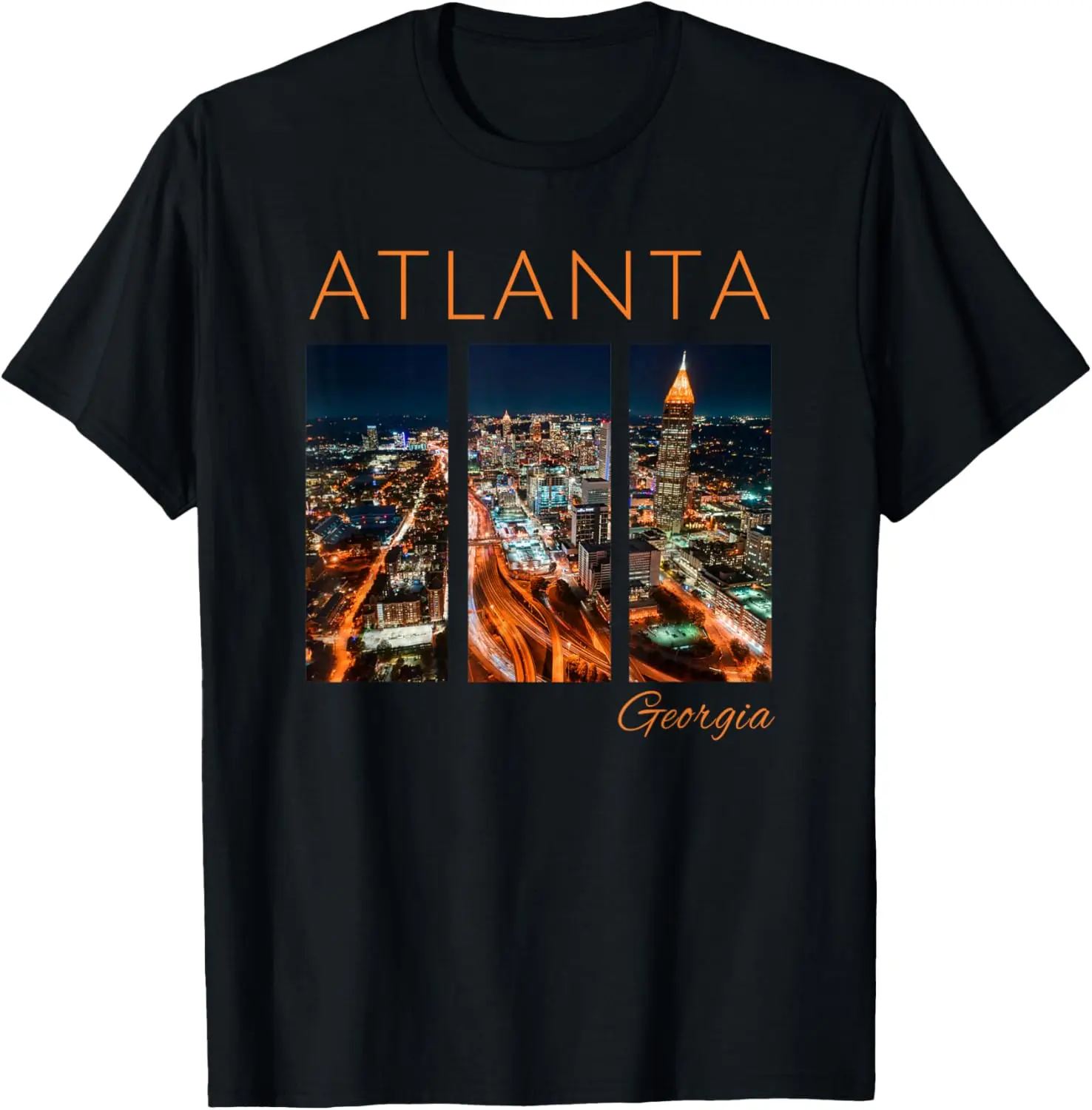 Women's 100% Cotton Short-Sleeve Round Neck Vintage Everyday Streetwear Top - Distressed Atlanta Nightlife GA Skyline ATL Georgia Skyscraper Graphic Tshirt