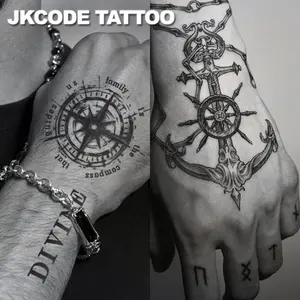 Herbal Tattoo Nautical Theme Cool Style Sketch Tattoo, Devine Compass Chain Pattern, Waterproof Long-Lasting 15 Days, Unisex Hand Neck Head Tattoos