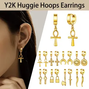 U7 Retro Y2K Huggie Hoops Earrings for Men Women Egyptian Ankh Cross Earrings Jewelry