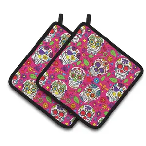 Carolines Treasures  Day of the Dead Pink Pair of Pot Holders