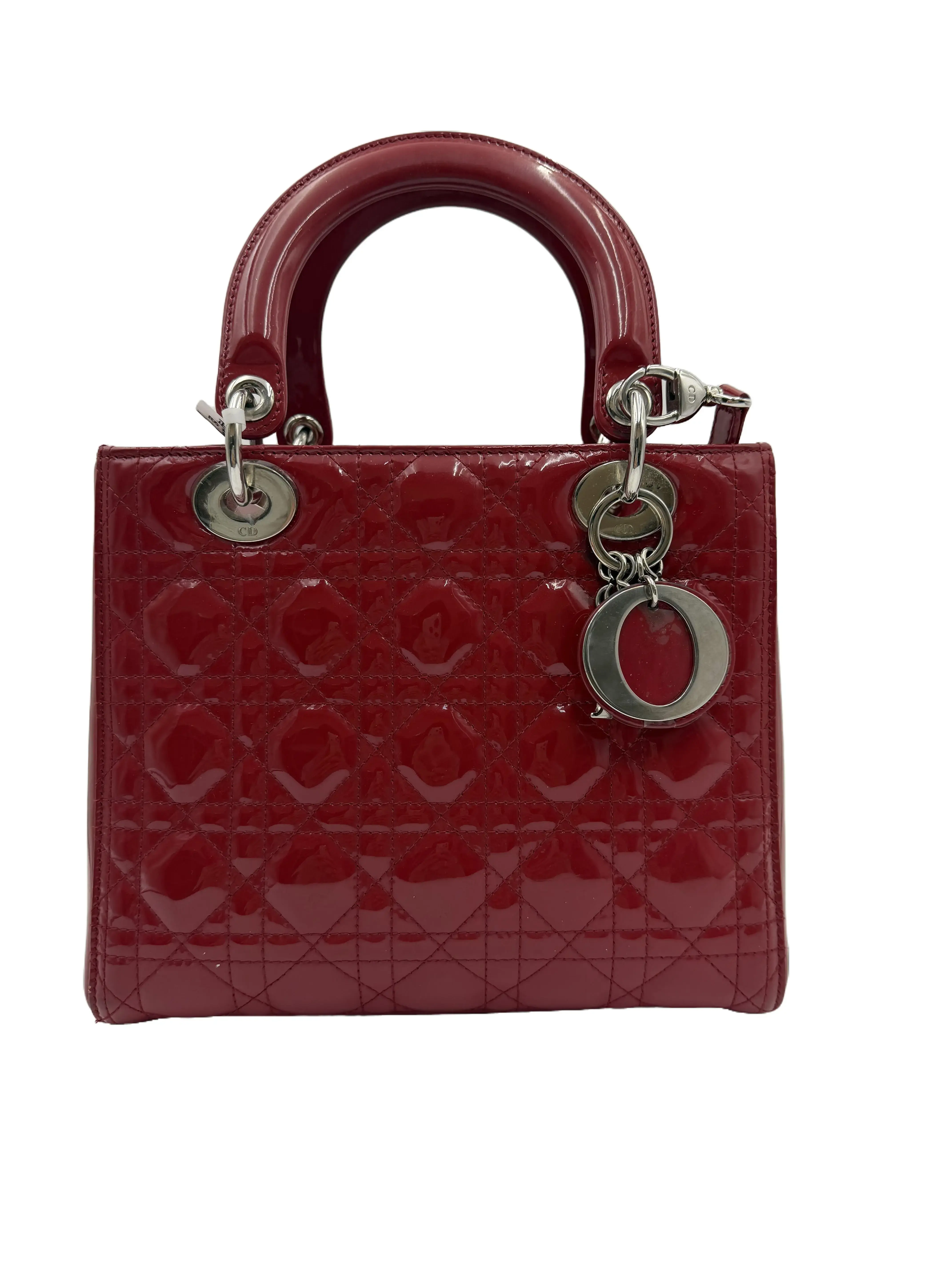 Pre-owned Dior cowhide Clutches & Wristlets Lady five piece Diana bag patent leather and basket weave handbag shoulder bag medium size women's cherry red