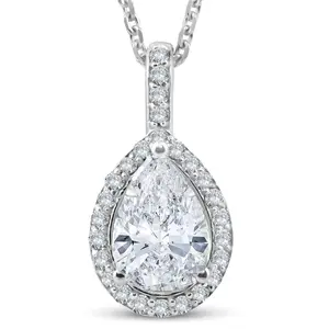 1 1/4Ct Pear Shape Halo Diamond Pendant 14k White Gold Necklace Lab Grown