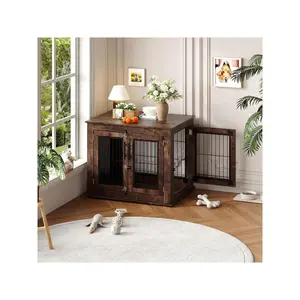 31 Inch Farmhouse Dog Crate Furniture With Double Doors, Heavy Duty Wooden Dog Kennel End Table For Small/Medium Dogs, Indoor Dog House Cage Anti-Chew Pet Furniture