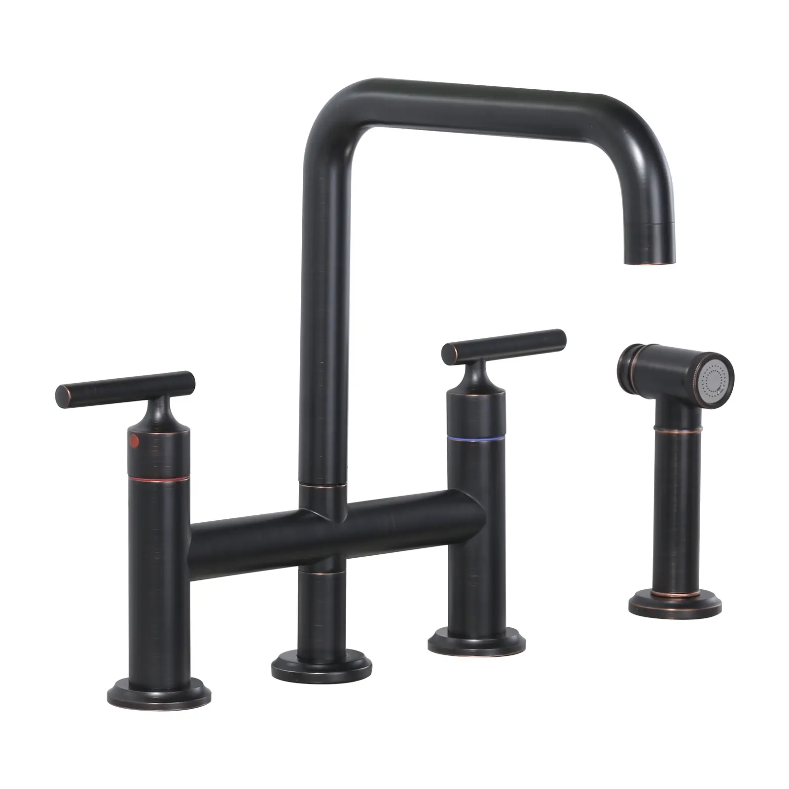 WOWOW Modern High Arc Double Handle Brass Bridge Deck-Mounted Kitchen Sink Faucet with Side Sprayer and Faucet Aerator in Oil Rubbed Bronze, Faucet Sprayer Attachment, Durable Multi Purpose