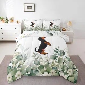Cute Dachshund Comforter Set for Kids Child Green Eucalyptus Bedding Set,Pet Animal Down Comforter Botanical Plant Leaves Bed Set,Cartoon Dog Quilted Duvet