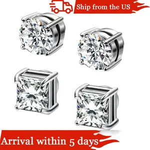 Cassieca 2 Pairs Stainless Steel Magnetic Stud Earrings for Men Women Non-piercing CZ 5-9MM CZ Hypoallergenic earrings  lovers