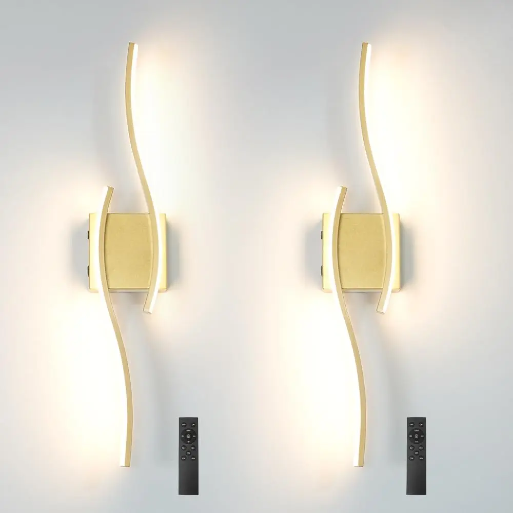 Gold Battery-Operated USB Rechargeable Wall Sconce Set of 2, Dimmable Cordless LED Remote-Controlled Fixture (27.56in), Indoor Lighting for Living Room, Bedroom