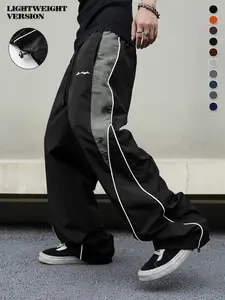 Men's high street style contrasting color splicing side striped tied wide-leg pants, American retro Los Angeles printed design loose drape sweatpants, multi-color optional thin casual pants are suitable for spring and summer wear