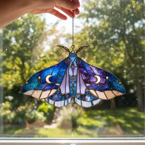 Celestial Moth Acrylic Suncatcher, Midnight Blue Window Hanging, Crescent Moons And Stars