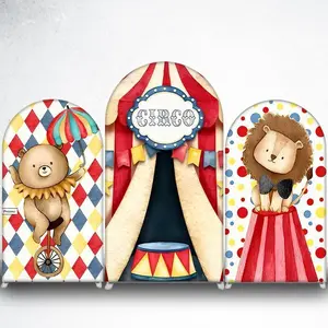 15-day 2D Flat Delivery Cute Circus Bear on Unicycle Arch Backdrop Cover for Kids Carnival Party