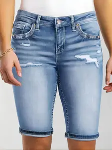 Women's Light Wash Denim Shorts with Pockets, Casual Midi Bermuda Jeans, Fitted Button Fly Design, Plain Pattern, Daily Wear Outdoors