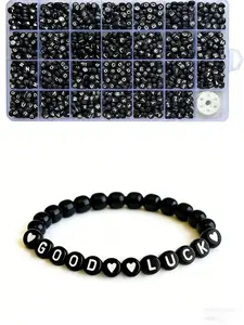 DIY Acrylic Beads Set, 1600pcs/200pcs, Letter/hat Beads, 4x7mm-6x6mm, Jewelry Making Kit, Elastic Thread & Storage Box Included