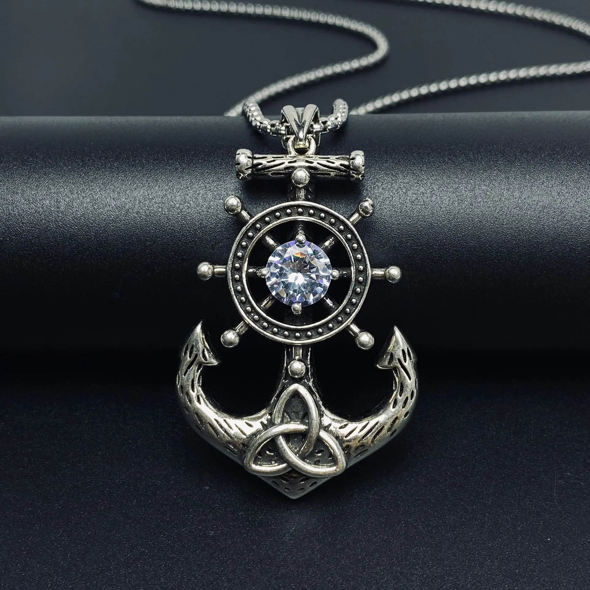 Vintage Nautical Anchor-Zircon Ship Wheel Pendant Necklace with Matching Keychains, Men's-Women's Valentine's Day/Birthday Costume Jewelry Gift