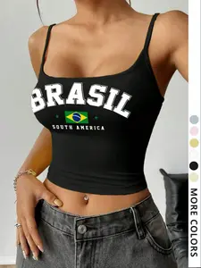Women's Tight-Fit Tank Top, Sweet Spicy Sleeveless Spaghetti Strap Design, Letter & Brazil Print, Thin Summer Vest, Casual Fashion