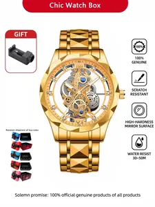 Luxurious Hollow-Out Men's Watch, Premium Look, Rhombic Cut Case, Mature and Stable Business Casual Mechanical Style Wristwatch