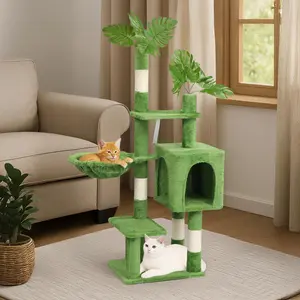 Cat Tree 48in Monstera Cat Tower with Leaves, Multi-Level Cat Tree Tower with Condo, Cozy Plush Hammock, Dangling Toy, Sisal Scratching Posts, Large Pet Activity Center for Indoor Cats