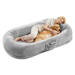 Orthopedic Soft Faux Fur Human Dog Bed for Adults & Pets – Large 67"x43"x8" Lounger with Plump Pillow, Side Pocket, Strap, Washable, No Assembly Needed – Cozy Bed for Bedroom, Living Room, Office – Multiple Colors