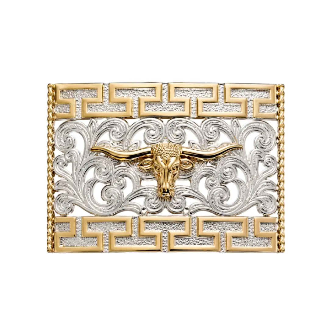 Gold Longhorn Skull Western Belt Buckle – Silver Filigree Greek Key Buckle