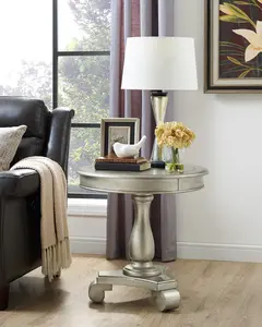 Rene Round Wood Pedestal Side Table, Champagne Rene Round Wood Pedestal Side Table, Champagne