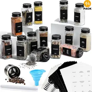 14 Pcs Glass Spice Jars with Black lids - 4oz Empty Square Spice Bottles and Spice Labels - Black Shaker Lids and Airtight Metal Caps - Silicone Collapsible Funnel Included